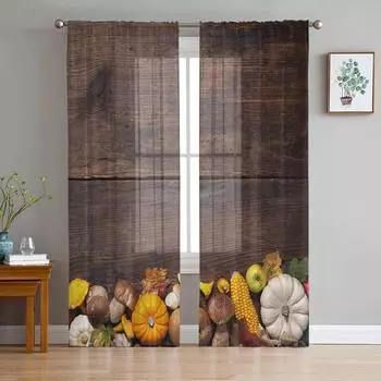 Тыква кукуруза на деревянной доске современные тюлевые шторы для гостиной, спальни, дома, кухни, окна, прозрачные шторы 135W x 114H(cm)