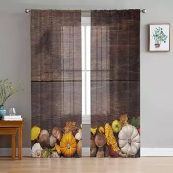 Тыква кукуруза на деревянной доске современные тюлевые шторы для гостиной, спальни, дома, кухни, окна, прозрачные шторы 135W x 114H(cm)