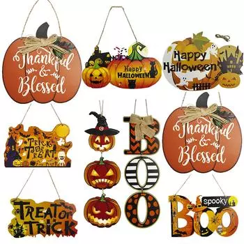 Тыква на Хэллоуин, деревянные подвесные украшения, подвески из тыквы своими руками, благословенные украшения для дверей и окон на Хэллоуин, День благодарения