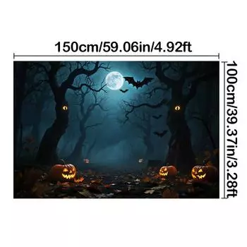 Тыква, Полная луна, Летучие мыши, Лесная тематика - Хэллоуинский фон для фотобудки, Праздничное мероприятие, Празднование, Настенный декор 150*100cm/59*39in/5*3ft