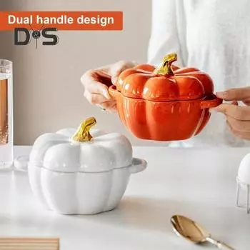 Тыквенная миска с двойными ручками, штабелируемые керамические тыквенные суповые миски, глянцевый эмалированный контейнер для тыквенных закусок для выпечки, сервировки, подарка на Хэллоуин зелёный