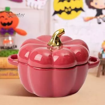 Тыквенная миска с двойными ручками, штабелируемые керамические тыквенные суповые миски, глянцевый эмалированный контейнер для тыквенных закусок для выпечки, сервировки, подарка на Хэллоуин зелёный