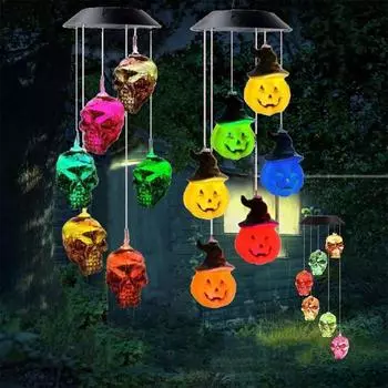 Тыквенные солнечные колокольчики для наружного Хэллоуина, декоративные фонари, светодиодные колокольчики, меняющие цвет, открытый сад Skull