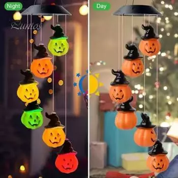 Тыквенные солнечные ветряные колокольчики для наружного использования на Хэллоуин, декоративные светодиодные колокольчики, меняющие цвет, для сада, патио, двора, окна, подвесные тыквы pumpkin