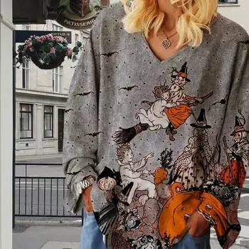 Тыквенный мультяшный принт женские футболки женские топы с длинным рукавом V-образный вырез пуловер женские футболки футболка для женщин XS синий