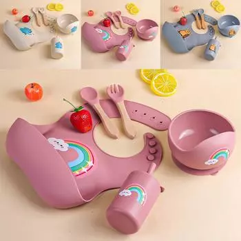 TYRY.HU 5 шт. Детская силиконовая миска для еды, нагрудник, вилка, ложка, набор, поднос для кормления, миски, набор из бисфенола, бесплатный подарок для детского набора для кормления