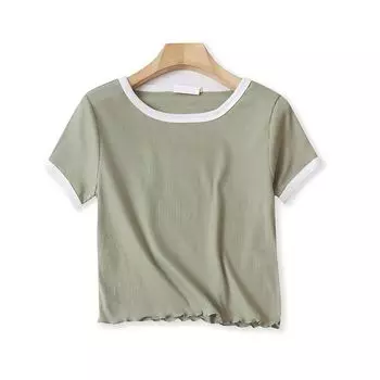 U/15 Summer New Arrival Foreign Trade Women s Clothing Youth Fashion Slim-Fit Preppy Style round Neck Pullover Short Sleeve Knitting T-shirt Gray Green M