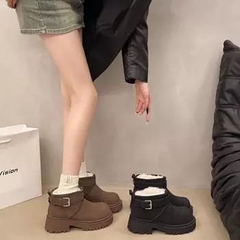 U бархатные зимние сапоги с мехом, толстый каблук, короткие сапоги, толстая подошва, увеличивающая высоту головы, сапоги с пряжкой на ремне, короткие теплые женские сапоги 35 чёрный