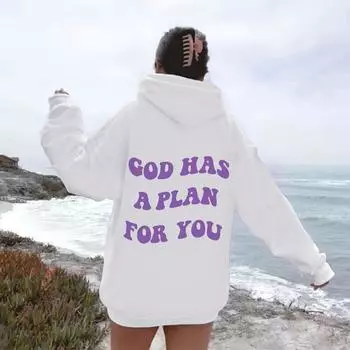 У Бога есть план для тебя. Женские плюшевые толстовки с капюшоном, надписью, принтом слогана, карманом-кенгуру, затягивающимся шнурком. Свободные толстовки с капюшоном. S белый
