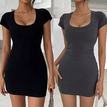 U Collar Stretch Pure Cotton Summer Short Sleeve Silm Dress Black S