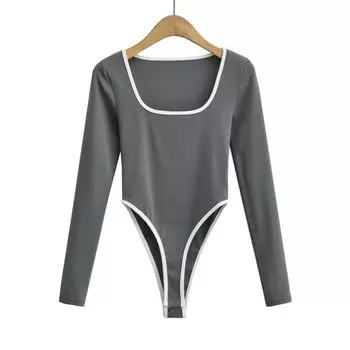 U-Neck Contrast Color Fit Stretch Crotch Women s T-shirt Color Contrast Patchwork One-Piece One-Piece Fashion Sexy High Fork Base Tops Gray M