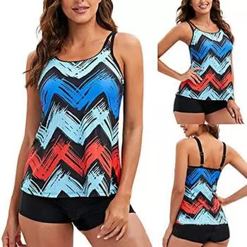 Женский купальник без рукавов с U-образным вырезом, стильный топ из двух частей, красочный жилет, комплект шорт для мальчиков с контролем живота XL разноцветный
