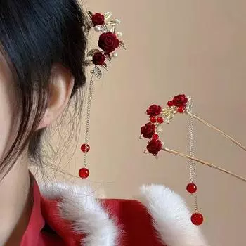 U-образная заколка для волос из цинкового сплава с кисточками и цветком розы, модная металлическая заколка для волос невесты D