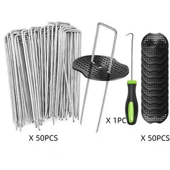 U-образные колья для палаток, маты для земли, 1 гвоздезабивной пистолет, садовые колья, оцинкованные ландшафтные шипы, колья для земли для ландшафтного дизайна, крепление ткани для защиты от сорняков Pack of 50 чёрный