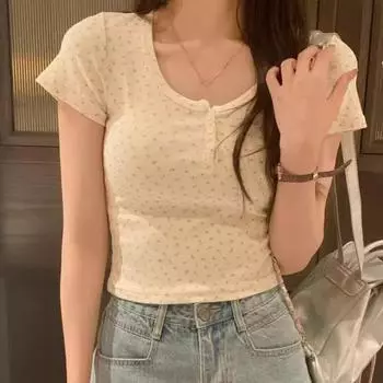 U-образный вырез, отделка цветочным принтом, футболки, пуговицы, цветок, принт, укороченная рубашка, топ, повседневная для девочек L