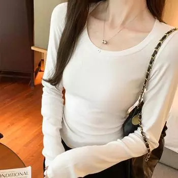 U-образный вырез, правое плечо, тонкая базовая футболка с длинными рукавами, женская, новый осенне-зимний стиль, внутренняя короткая теплая базовая футболка S