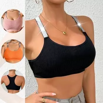 U-образный вырез серебристая лента майка трикотажные топы халтер укороченные женские летние майки нагрудные майки модные повседневные женские безрукавки укороченный жилет XS чёрный
