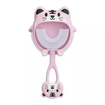 U-shaped cartoon toothbrush set with mouth-containing silicone soft-bristled brush head, removable розовый