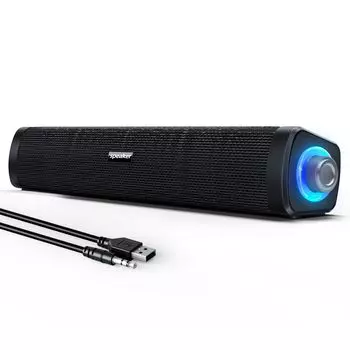 Uakinat USB компьютер AUX компьютер проводной USB питание цветной светодиодный светильник с выключателем объемный звук портативный саундбар для мобильного телефона динамик, 3,5 мм чёрный