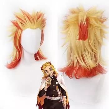 Убийца демонов: Kimetsu No Yaiba Rengoku Kyoujurou парик аниме Хэллоуин косплей термостойкие волосы мужчины женщины градиент цвета 45 см парики для косплея 45 cm