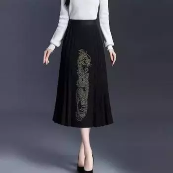 юбка-плиссе юбка женская высокого класса весна и осень маятник черная трикотажная юбка средней и длинной длины женская юбка-солнце One size (recommended weight 80-75 kg) чёрный