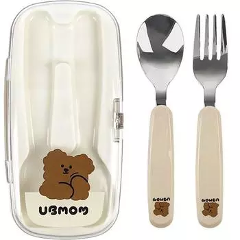 UBMom Набор для младенцев из нержавеющей стали Chocomongy, шоколад, ложка + вилка + футляр