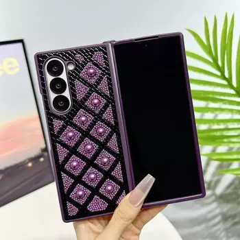 Ударопрочный блестящий чехол для Samsung Galaxy Z Fold3 Fold4 Fold5 Fold6 Pearl Droplets & Diamond Grid & Защита от падений военного уровня Galaxy Z Fold3 чёрный