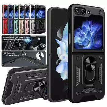 Ударопрочный чехол Armor для Samsung Galaxy Z Flip 6 5 4 3 5G с кольцом-магнитным держателем Business Full Protection Cover For Samsung Z Flip 5 серебряный
