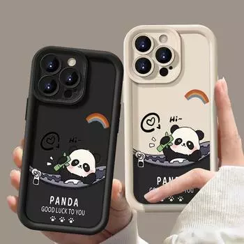 Ударопрочный чехол для телефона с милым принтом панды для iPhone 16 Pro Max 15 Plus 14 Pro 13 12 11 XR XS 8 7, защитный матовый мягкий бампер из ТПУ для линз iPhone 16 чёрный