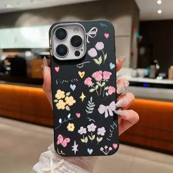 Ударопрочный чехол для телефона с мультяшным цветочным узором для iPhone 16 Pro Max 15 Pro 14 Plus 13 12 11, мягкая текстура кожи TPU, тонкая матовая задняя крышка iPhone 16 чёрный