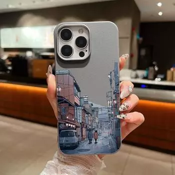 Ударопрочный чехол для телефона с рисунком ночного уличного пейзажа для iPhone 16 Plus 15 Pro Max 14 Pro 13 12 11 XS XR 8 7 Мягкий тонкий матовый чехол из ТПУ для защиты линз iPhone 16 бежевый