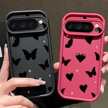 Ударопрочный чехол для телефона TPU с принтом Love Hearts для Google Pixel 9 Pro XL 8 Pro 8A с рисунком бабочки, защитный чехол для объектива, мягкий матовый бампер Google Pixel 9 чёрный