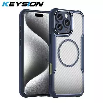 Ударопрочный чехол KEYSION для MagSafe для iPhone 13 12 11 Pro Max SE 2022 2020 Защита камеры Чехол для телефона с текстурой из углеродного волокна for iPhone 13 синий