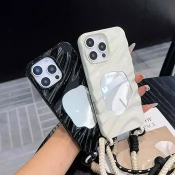 Ударопрочный чехол-ремешок для iPhone 16 Pro Max 15 Plus 14 13 12 11, чехол-зеркало для макияжа в стиле конфетных волн iPhone 16 чёрный