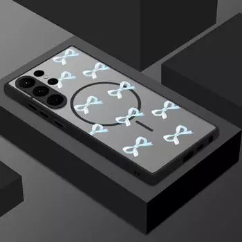 Ударопрочный чехол с бантом для телефона Samsung S25 S24 FE S23 Ultra S22 Plus S21 с беспроводной зарядкой, магнитный жесткий матовый прозрачный чехол-бампер из поликарбоната Samsung S25 синий