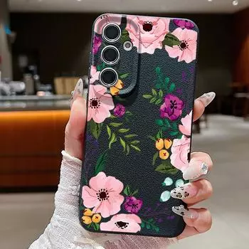Ударопрочный чехол с цветочным принтом для телефона Samsung S25 Ultra S24 FE S23 S22 A56 A36 A55 A16 A26 A35 Тонкий матовый кожаный чехол-бампер из ТПУ с текстурой Samsung S25 чёрный