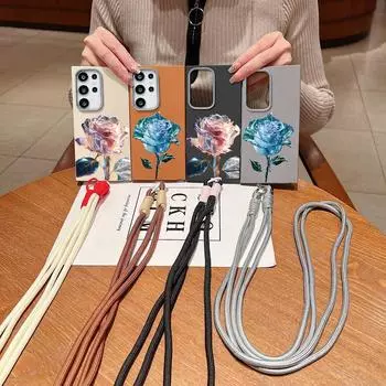 Ударопрочный чехол с принтом кристальной розы для Samsung S25 Ultra S24 FE S23 S22 S21 A16 A56 A55 A36 A15 Crossbody Rope Soft TPU Matte Slim Phone Cover Samsung S25 чёрный