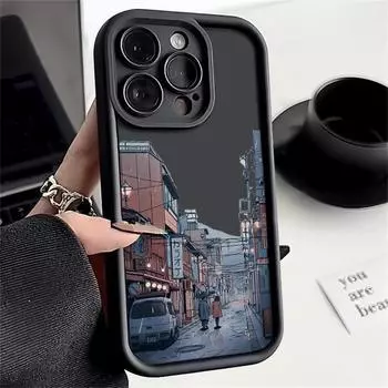 Ударопрочный чехол с рисунком дождливой ночи и уличного пейзажа для iPhone 16, 15 Plus, 14 Pro Max, 13, 12, 11, XS, XR, 8, защита линз, мягкий матовый силиконовый чехол для телефона из ТПУ iPhone 16 чёрный