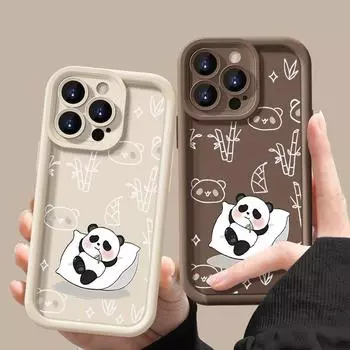 Ударопрочный чехол с рисунком панды для iPhone 16 15 14 Plus 13 12 Pro Max 11 Xr Xs X 8 7 Tpu мягкий защитный чехол для линз телефона iPhone 15 чёрный
