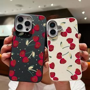 Ударопрочный чехол с рисунком вишни для iPhone 16 Pro 15 14 Plus 13 12 Pro Max 11 кожаная текстура TPU мягкий тонкий однотонный чехол iPhone 16 чёрный