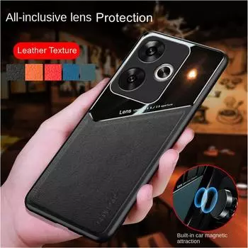 Ударопрочный кожаный текстурный чехол для Xiaomi Poco F6 Pro F5 5G X6 X5 M6 Pro 4G C65 Чехол с автомобильным магнитным держателем-присоской Бизнес Полная защита Чехол For Poco M6 Pro 4G красный