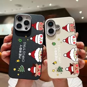 Ударопрочный кожаный текстурный чехол с рождественским новогодним узором для iPhone 16 Pro 15 14 Plus 13 12 Pro Max 11 мягкий однотонный тонкий чехол из ТПУ iPhone 16 чёрный