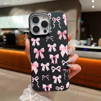 Ударопрочный матовый чехол для телефона с бантом для iPhone 16 Pro Max 15 Pro 14 Plus 13 12 11 TPU кожаная текстура тонкий мягкий бампер чехол iPhone 16 чёрный