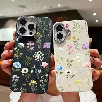 Ударопрочный мягкий чехол из ТПУ с цветочным принтом для iPhone 16 Pro 15 14 Plus 13 12 Pro Max 11 с текстурой кожи, однотонный тонкий чехол iPhone 16 чёрный