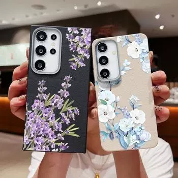 Ударопрочный мягкий чехол из ТПУ с цветочным узором для Samsung S25 S24 FE S23 Ultra S22 S21 A36 A56 A55 A16 A15 A35 A26 Тонкий матовый кожаный текстурный чехол для телефона Samsung S25 фиолетовый/чёрный