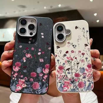 Ударопрочный мягкий чехол из ТПУ с фиолетовым цветочным узором для iPhone 16 Pro 15 14 Plus 13 12 Pro Max 11 с текстурой кожи, однотонный тонкий чехол iPhone 16 чёрный