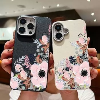 Ударопрочный мягкий чехол из ТПУ с китайским узором в виде розы для iPhone 16 Pro 15 14 Plus 13 12 Pro Max 11 с текстурой кожи, однотонный тонкий чехол iPhone 16 чёрный