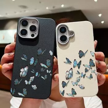 Ударопрочный мягкий чехол из ТПУ с рисунком бабочки для iPhone 16 Pro 15 14 Plus 13 12 Pro Max 11 кожаная текстура однотонный тонкий чехол iPhone 16 чёрный