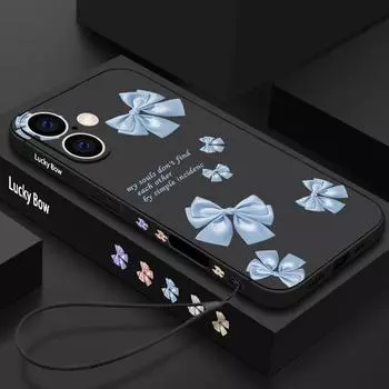 Ударопрочный мягкий чехол из ТПУ со шнурком для iPhone 16 15 14 Pro 13 12 Mini 11 Pro Max Xs Xr 8 7 Plus однотонный защитный чехол для объектива с бантом iPhone 16 чёрный