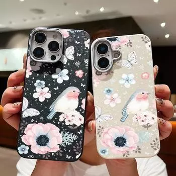 Ударопрочный мягкий чехол TPU с рисунком бабочки и цветка для iPhone 16 Pro 15 14 Plus 13 12 Pro Max 11 с текстурой кожи, однотонный тонкий чехол iPhone 16 чёрный